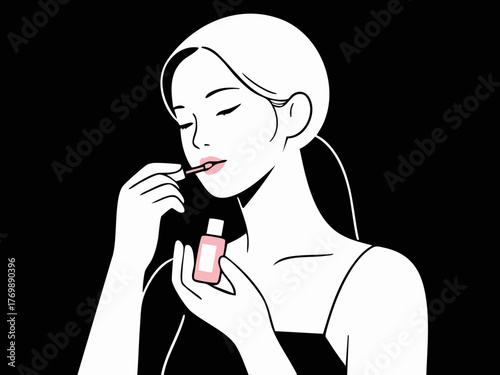 あなた:
Illustration of a woman doing makeup and skincare. Cosmetics. Beauty. Getting ready. copy space