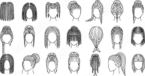 Vector illustration collection depicting various braided hairstyle styles for women in black and white outlines
