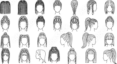 Vector illustration collection depicting various braided hairstyle styles for women in black and white outlines
