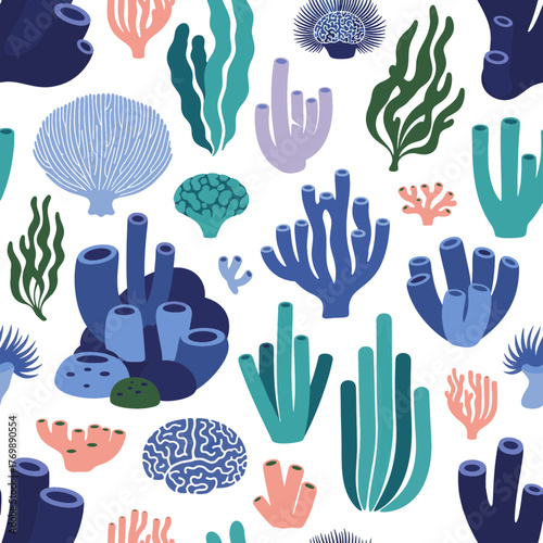 Vibrant underwater life seamless pattern featuring diverse corals and marine plants for ocean-inspired designs