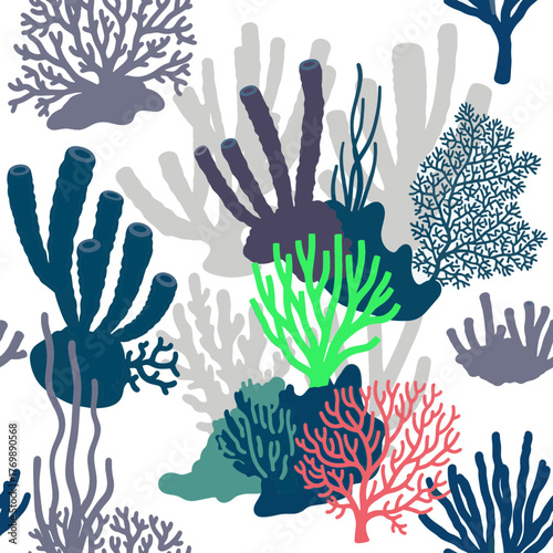 Vibrant aquatic marine life illustration featuring various underwater corals and sponges in a playful seamless pattern design