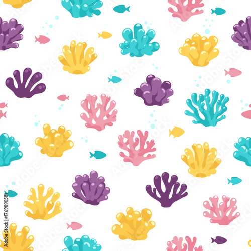 Vibrant and Playful Underwater World Seamless Pattern Featuring Diverse Coral Reefs and Small Aquatic Fish