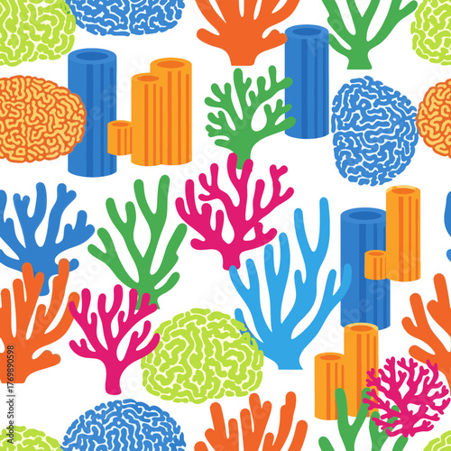 Colorful abstract marine life seamless pattern featuring diverse corals and sea sponges on a bright white background