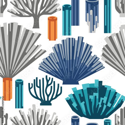 Abstract Stylized Underwater Coral Reef Seamless Pattern with Diverse Marine Flora and Aquatic Plants, Vibrant Ocean Life and Botanical Elements for Design