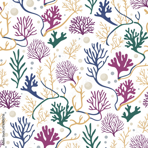Decorative Ocean Life Seamless Pattern featuring Colorful Coral, Seaweed, and Pearls, perfect for Aquatic Backgrounds and Textile Design
