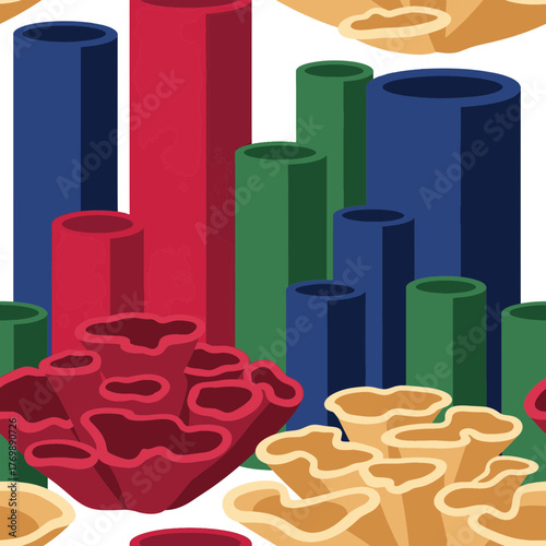 Abstract seamless pattern of colorful coral reef formations; tube and brain corals in red, green, and blue