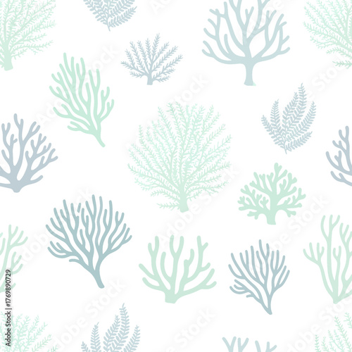 Delicate Underwater Botanical Seamless Pattern Featuring Stylized Coral and Seaweed Elements in Soft Blue and Green Tones for Design Projects