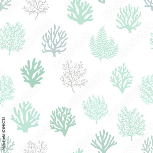 Delicate and serene light blue and grey corals and marine plants compose a calming aquatic Seamless Pattern