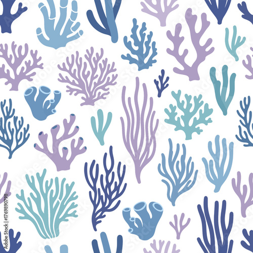 An enchanting underwater ecosystem featuring diverse coral and aquatic plants, presented as a beautiful marine seamless pattern