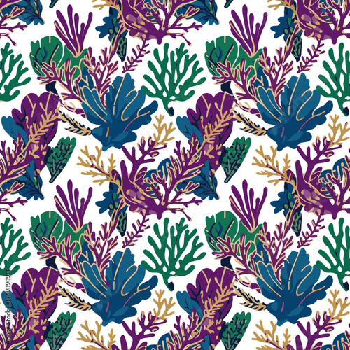 Captivating marine life seamless pattern featuring an array of vibrant coral and aquatic plants for tropical designs and textile prints