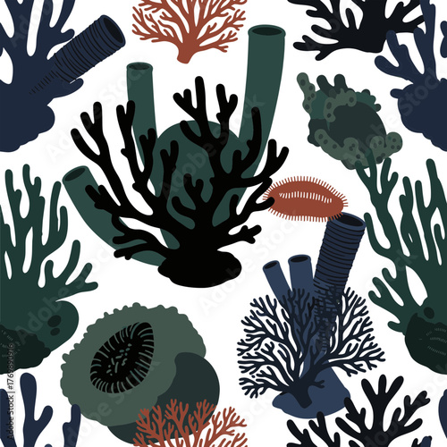 Exquisite Marine Ecosystem Seamless Pattern with Abstract Coral Reefs and Deep-Sea Sponges, Perfect for Digital and Print Design
