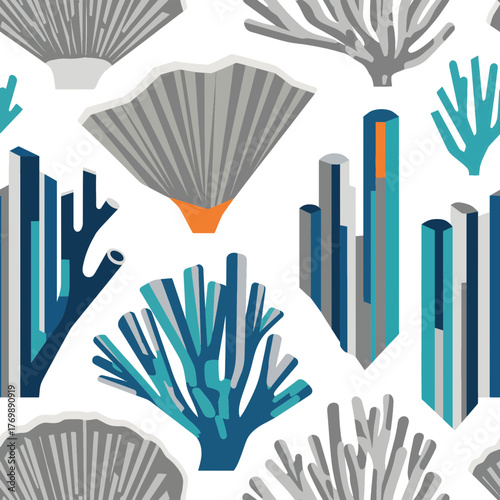 Modern Abstract Underwater Coral Reef Seamless Pattern with Stylized Marine Life Forms and Geometric Organic Shapes