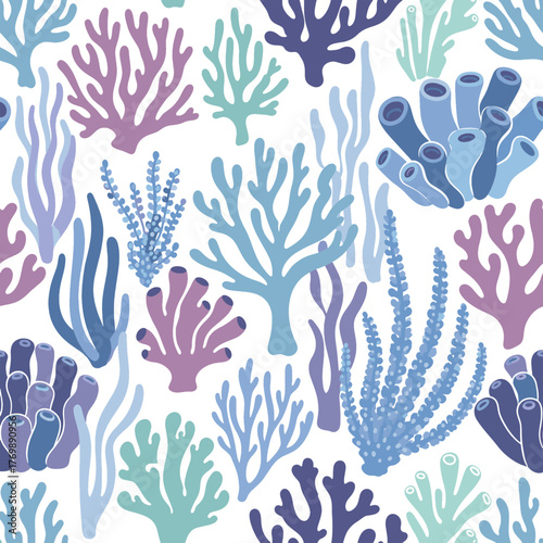 Vibrant Underwater Flora Seamless Pattern Colorful Coral Reef and Seaweed Marine Life Design Element