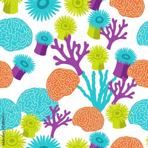 Vibrant aquatic seamless pattern featuring diverse coral reef elements and colorful marine life. Bright underwater flora design