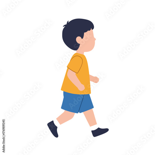 A young boy in a yellow tshirt and blue shorts running.