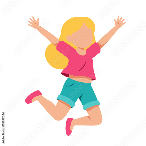 A joyful blonde girl in a pink shirt and blue shorts jumping with arms raised.