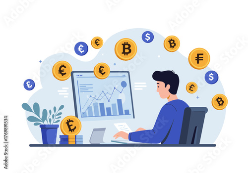Man analyzing financial charts with cryptocurrency and currency symbols.