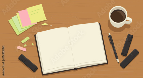 Open notebook coffee cup and writing tools on a wooden desk.