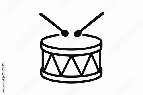 Carnival drum outline with sticks, simple line art on white background