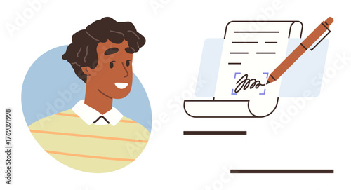 Smiling individual and signing document with pen in focus. Ideal for agreement, contract, signature, approval, paperwork, collaboration, consent. Clean and simple flat metaphor
