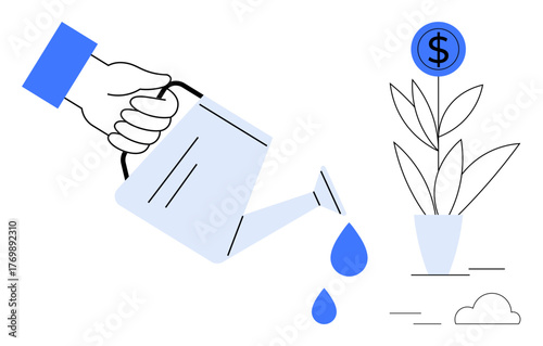 Hand pouring water on a plant in a pot with a dollar sign symbolizing investment growth, nurturing success, and financial care. Ideal for business, finance, growth, investment, planning