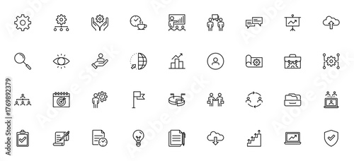 Business icon set. Minimal vector icons pack. Includs symbols for project manaement, team collaboration,growth graph, presentation process, and more. Editabe stroke.