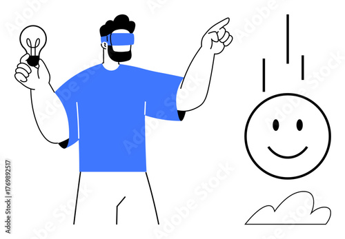 Person using VR glasses points at a smiling face while holding a lightbulb. Ideal for technology, innovation, creativity, futurism, VR interaction, ideas, discovery. Simple flat metaphor