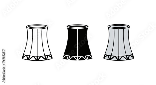 Three stylized cooling towers in a row with different shading