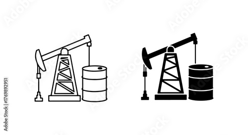 Oil pumpjack and barrels icon set black and white line art