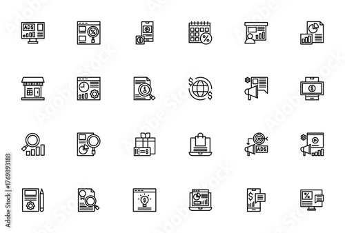 Digital Marketing icon set. Vector illustration. Incudes symbols for ads campagn, discount, mobile app, ata analytics, online shoping, payment, promotion an more. Editable stroke.