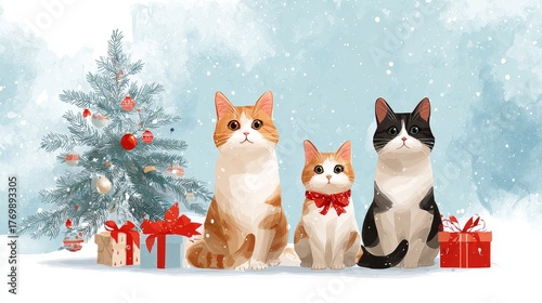Three adorable cats with festive red bows sit beside a decorated Christmas tree and gifts in a snowy setting.