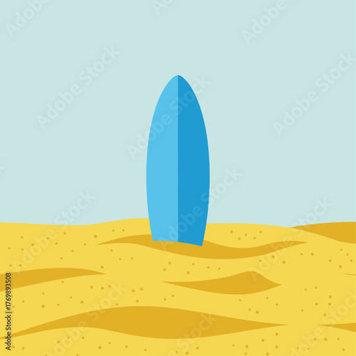 Blue Surfboard Standing Upright in Sandy Beach on a Clear Day