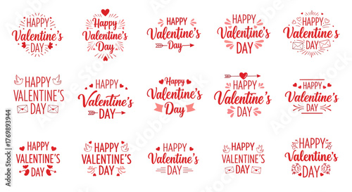 A collection of 15 red Happy Valentine's Day typography designs, featuring hearts, arrows, and decorative elements on a white background, perfect for romantic celebrations.