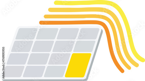 Flat lay of a solar panel with one yellow cell highlighted, surrounded by colorful, curved lines on a white background, conveying an eco-friendly theme with a modern, graphic style.
