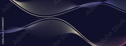 Dark abstract background featuring glowing, flowing wave lines in blue red color gradient. Futuristic design with shiny, smooth motion. suit for bussines, banners
