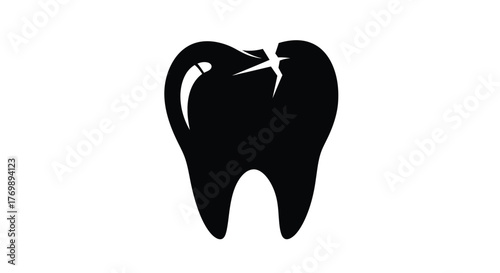 A broken tooth illustration presented in a striking black silhouette
