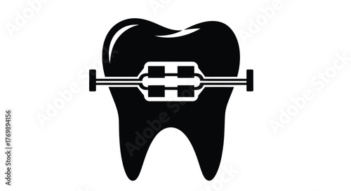 A black tooth with braces depicted as a clean vector silhouette