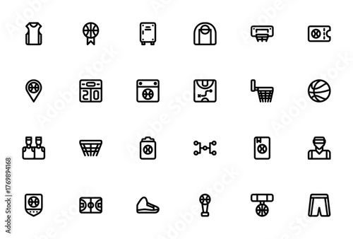 Basketball icon set. Sport vector illustration. Incldes symbols for court, hoo, player, team, trophy, meal, award, ticket, schedul and more. Editable stroke