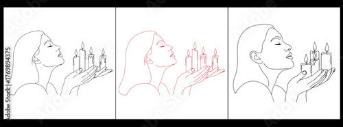 Woman holding candles isolated on white background in three variations