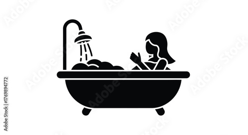 Woman enjoying a relaxing bath with bubbles and candle a black silhouette