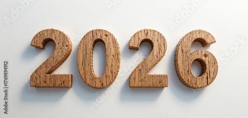 2026 3D render in distressed dark brown wood plank texture, isolated on a white background for sustainability, nature, and rustic New Year concepts.