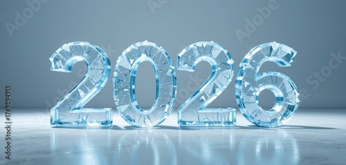 2026 3D render in cracked and shattered ice texture with a blue tint, isolated for concepts of winter, cold, change, and fragility in the New Year.
