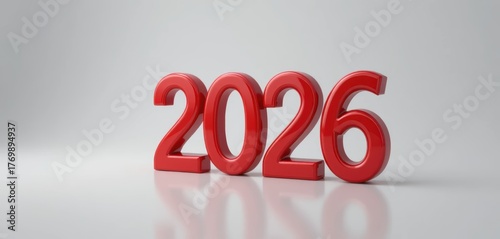 2026 3D render in smooth, glossy, bright red plastic texture, isolated on a white background, perfect for bold statements, parties, and emphasized New Year concepts.