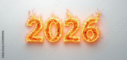 2026 3D render as aggressive burning flames, featuring hot orange and red glow, isolated on a white background for concepts of crisis, intensity, and new year challenges.