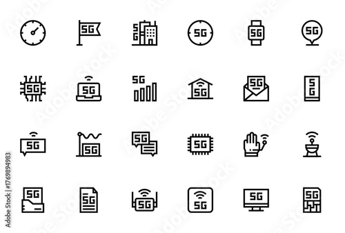 5G Technology Icon Set. Vector illustration. Include symbols for speed test, sart home, wifi, smartphone laptop, signal, processor location and more.