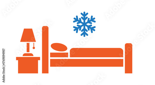 Minimalist bedroom scene featuring a bed lamp and snowflake silhouette