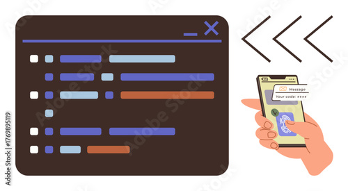 Smartphone displaying verification app with code entry beside browser screen with coding interface. Ideal for security, authentication, technology, software, data protection, coding, user interface