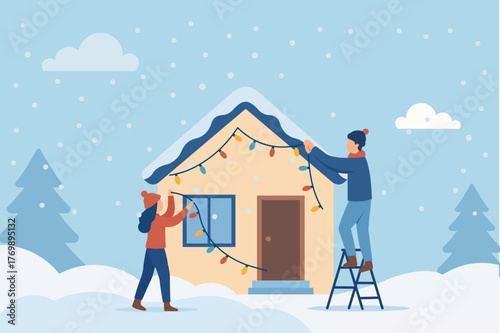 Couple Hanging Christmas Lights on Snowy House Roof in Modern Flat Style Illustration