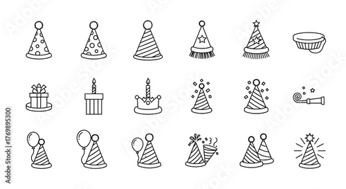 A collection of festive line icons representing party hats, birthday candles, gifts, balloons, and party blowers, perfect for celebrating special occasions like birthdays and holidays, designed for