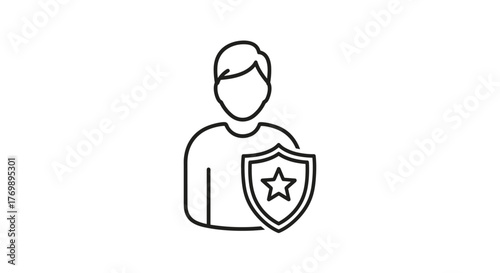 Vector outline icon of a person with a shield featuring a star, symbolizing protection, security, safety, and trust. This versatile graphic is ideal for interface elements, social media posts
